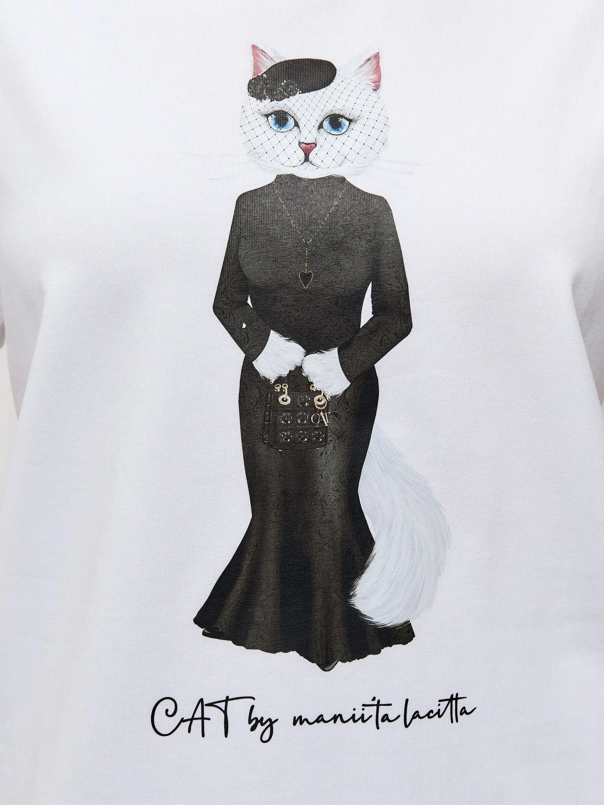 Set: Women’s White T-shirt with a White Cat and Black Tulle Skirt