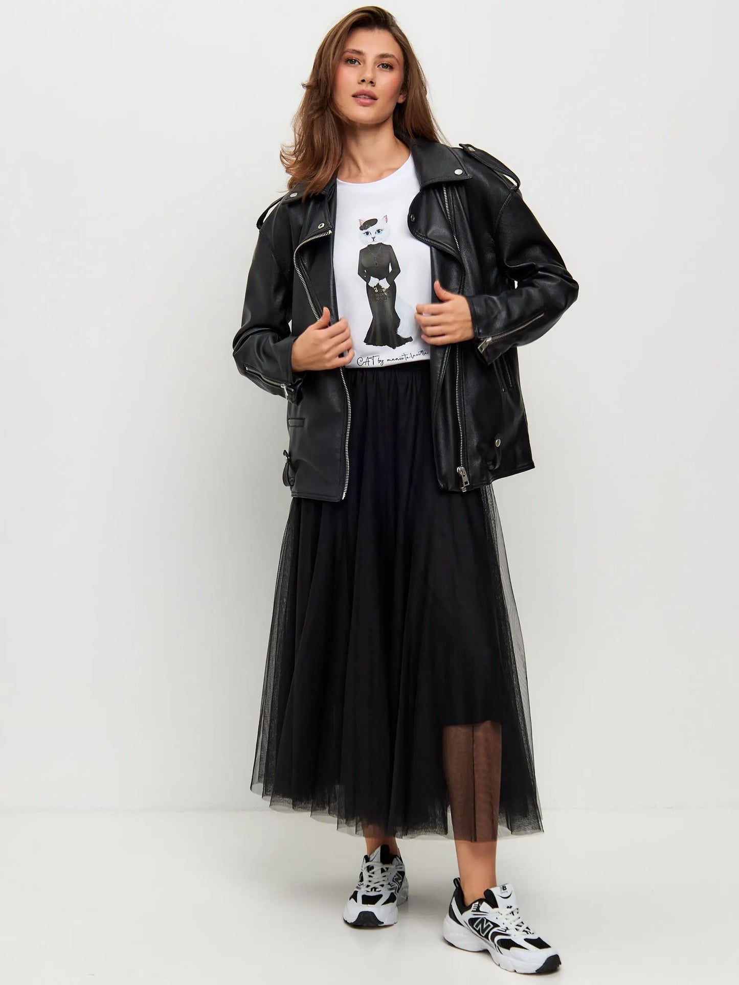 Set: Women’s White T-shirt with a White Cat and Black Tulle Skirt