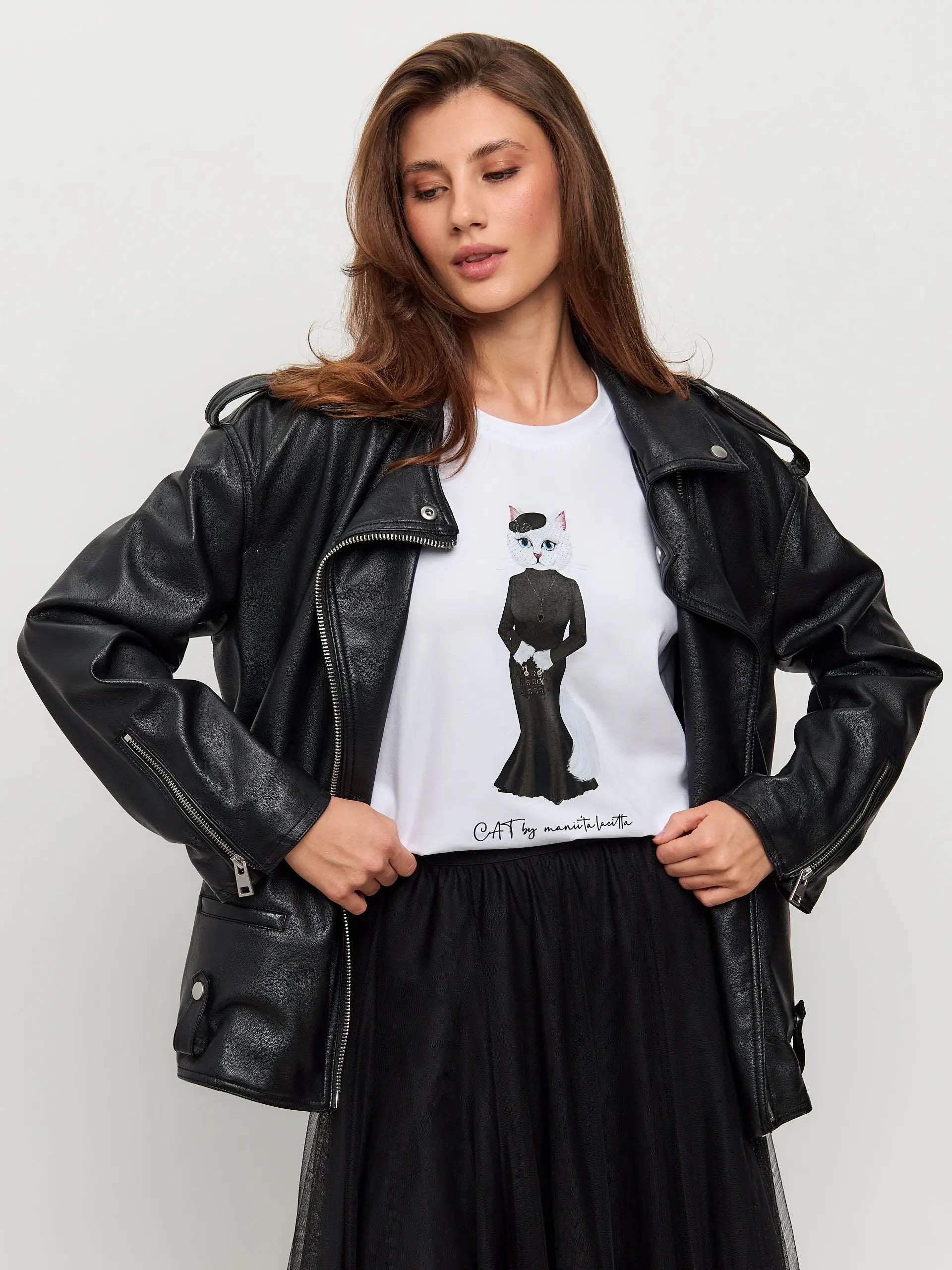 Set: Women’s White T-shirt with a White Cat and Black Tulle Skirt
