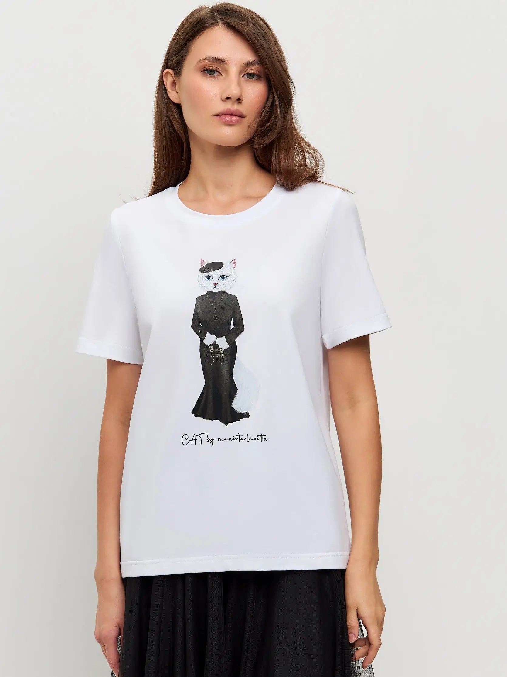 Set: Women’s White T-shirt with a White Cat and Black Tulle Skirt