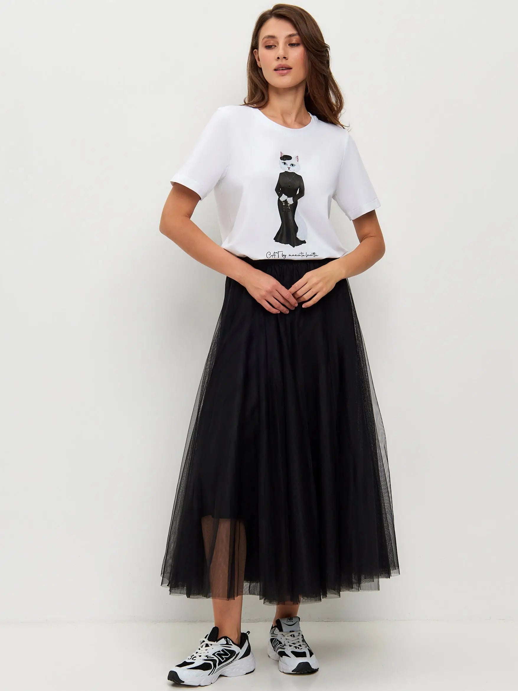 Set: Women’s White T-shirt with a White Cat and Black Tulle Skirt