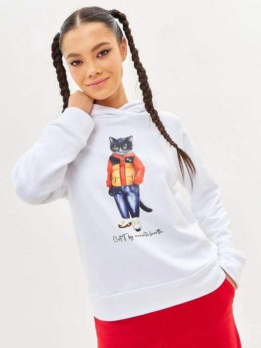 White Hoodie Sport Casual Cat | Hoodie & sweatshirt For Cat Lovers