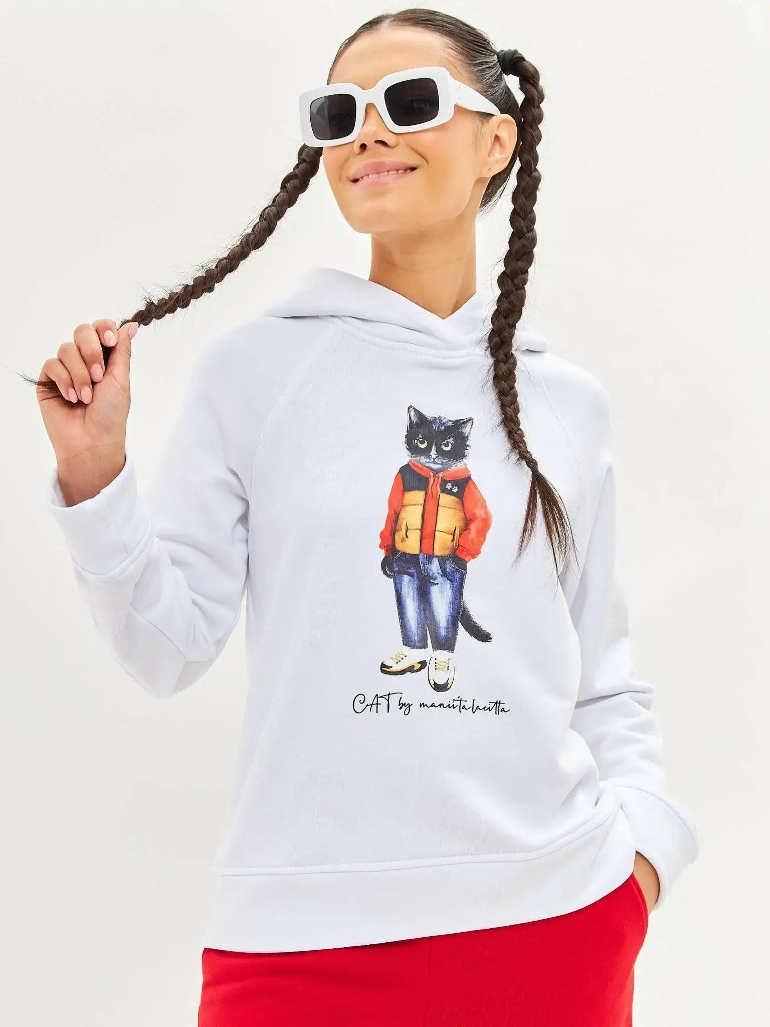 White Hoodie Sport Casual Cat | Hoodie & sweatshirt For Cat Lovers