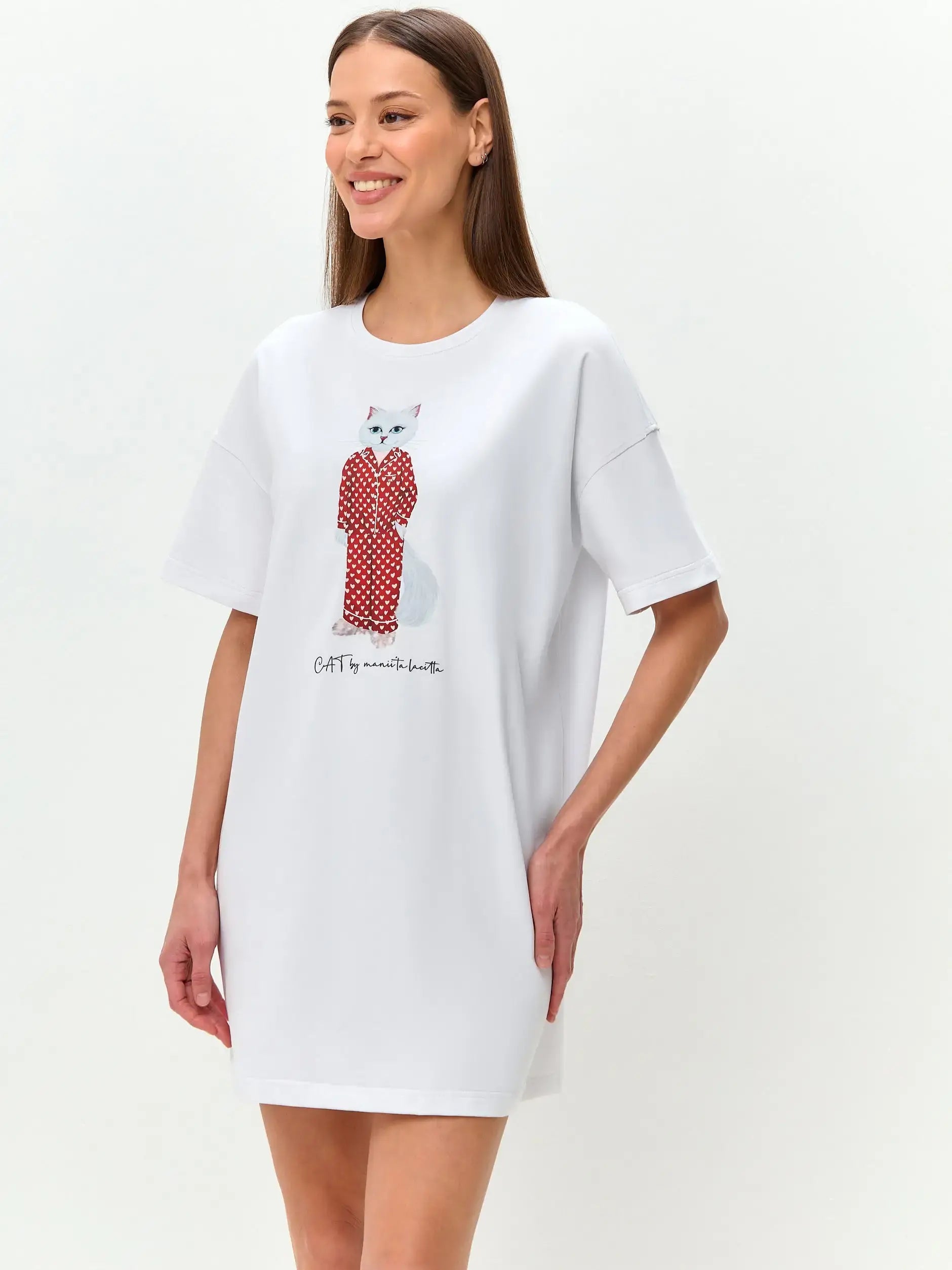 White Oversized T-shirt Pajamas Cat | Loungewear For Cat Lovers | Cat
