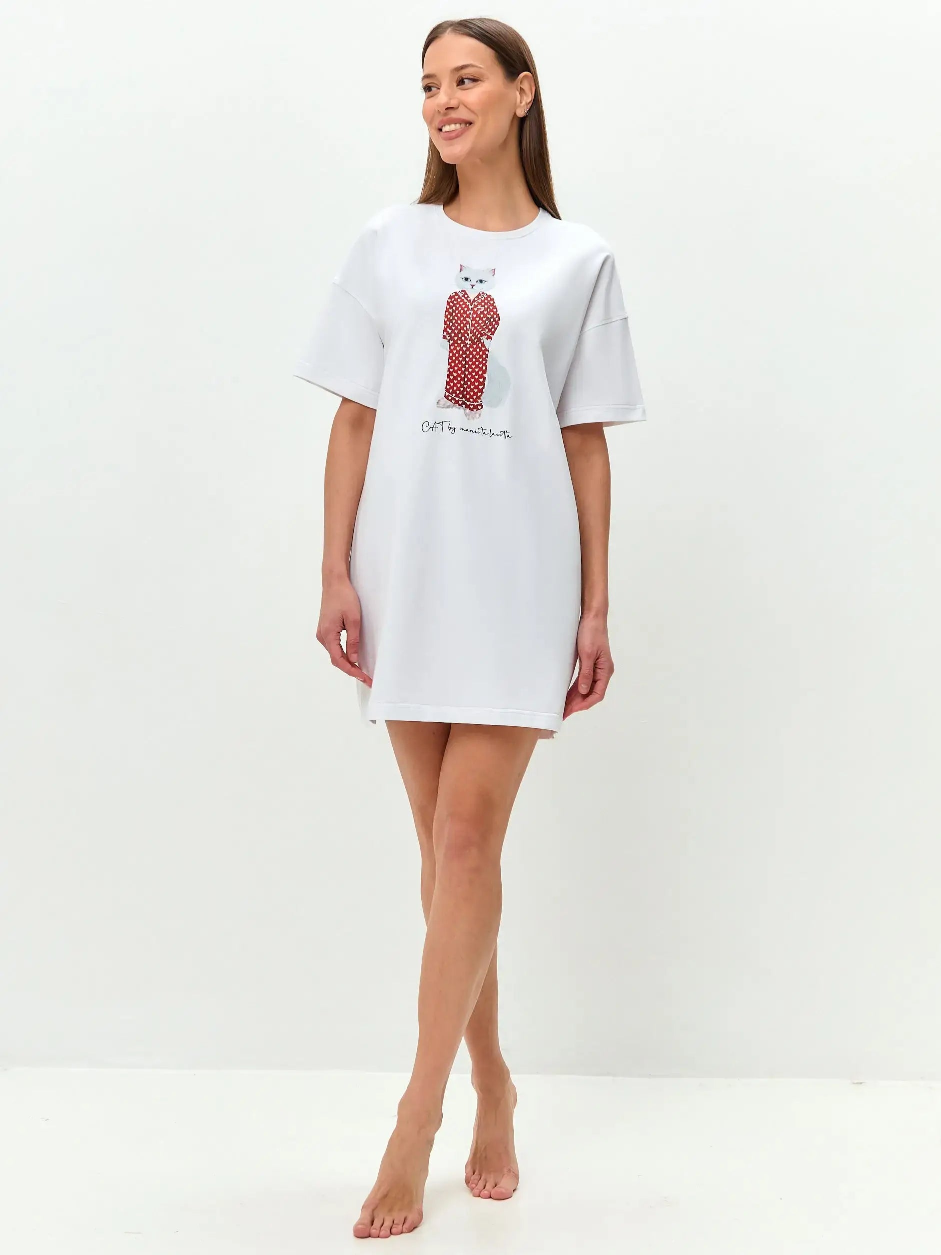 White Oversized T-shirt Pajamas Cat | Loungewear For Cat Lovers | Cat