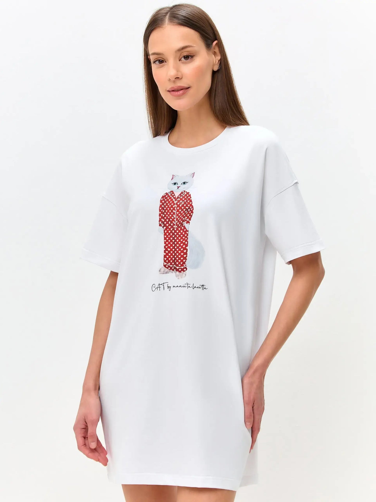 White Oversized T-shirt Pajamas Cat | Loungewear For Cat Lovers | Cat