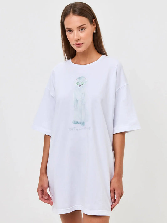 White Oversized T-shirt Spa Cat | Loungewear For Cat Lovers | Cat e