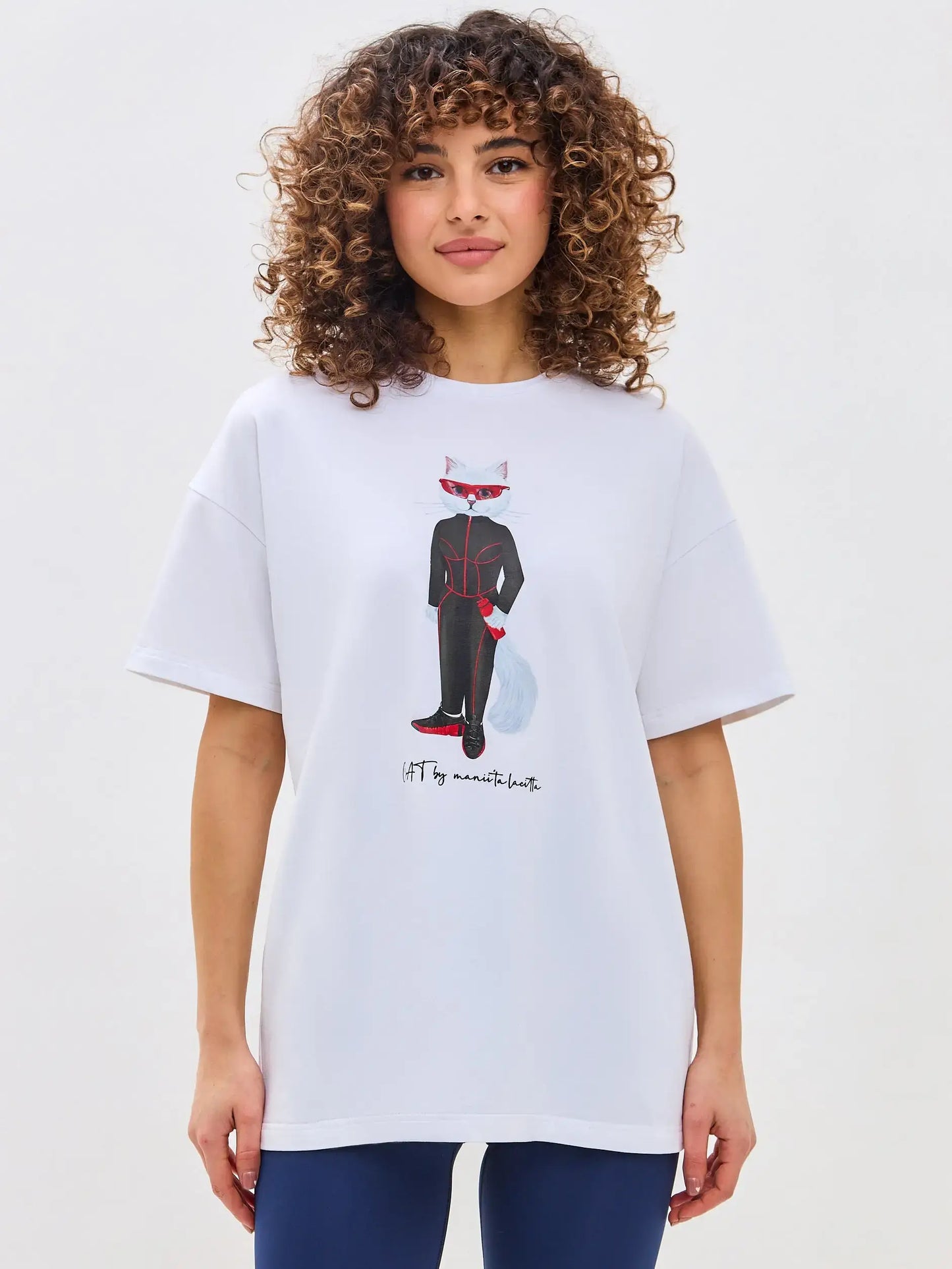 White Oversized T-shirt Sport Cat | T-shirt For Cat Lovers | Cat e