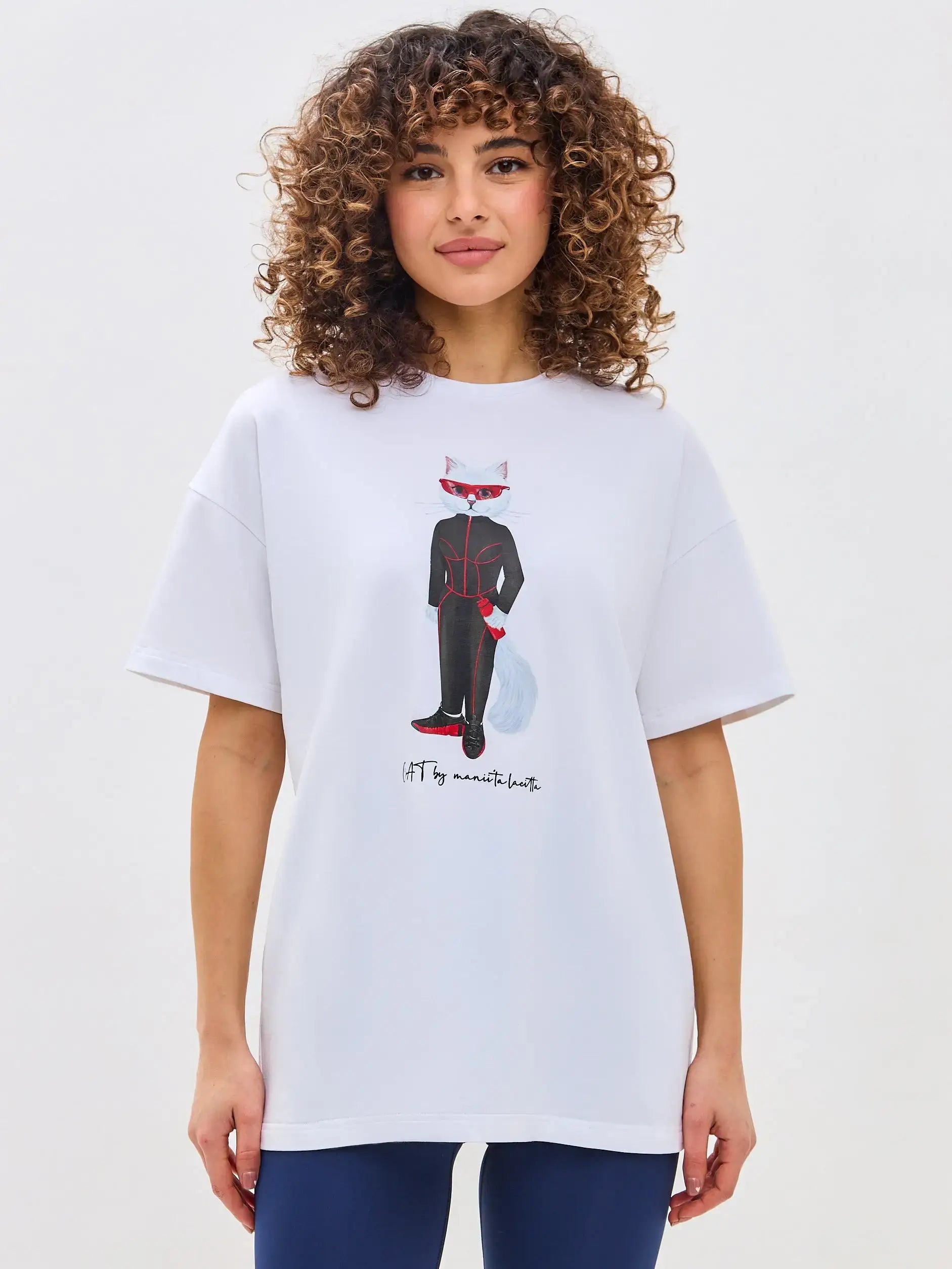 White Oversized T-shirt Sport Cat | T-shirt For Cat Lovers | Cat e