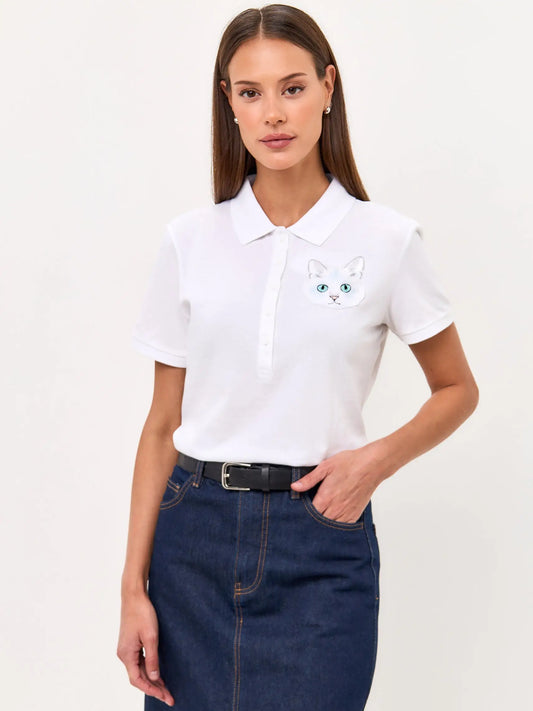 White Polo T-shirt Cat | Polo t-shirt & dress For Cat Lovers | Cat e