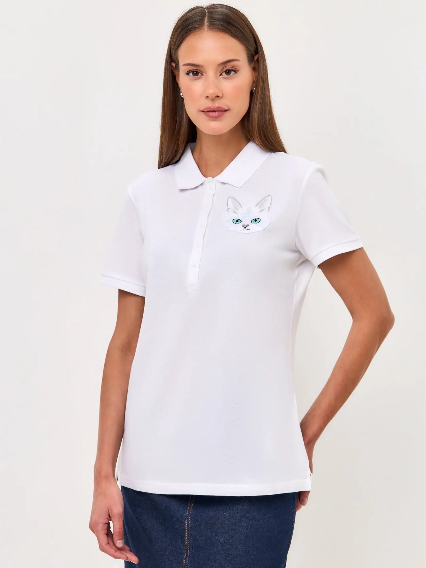 White Polo T-shirt Cat | Polo t-shirt & dress For Cat Lovers | Cat e