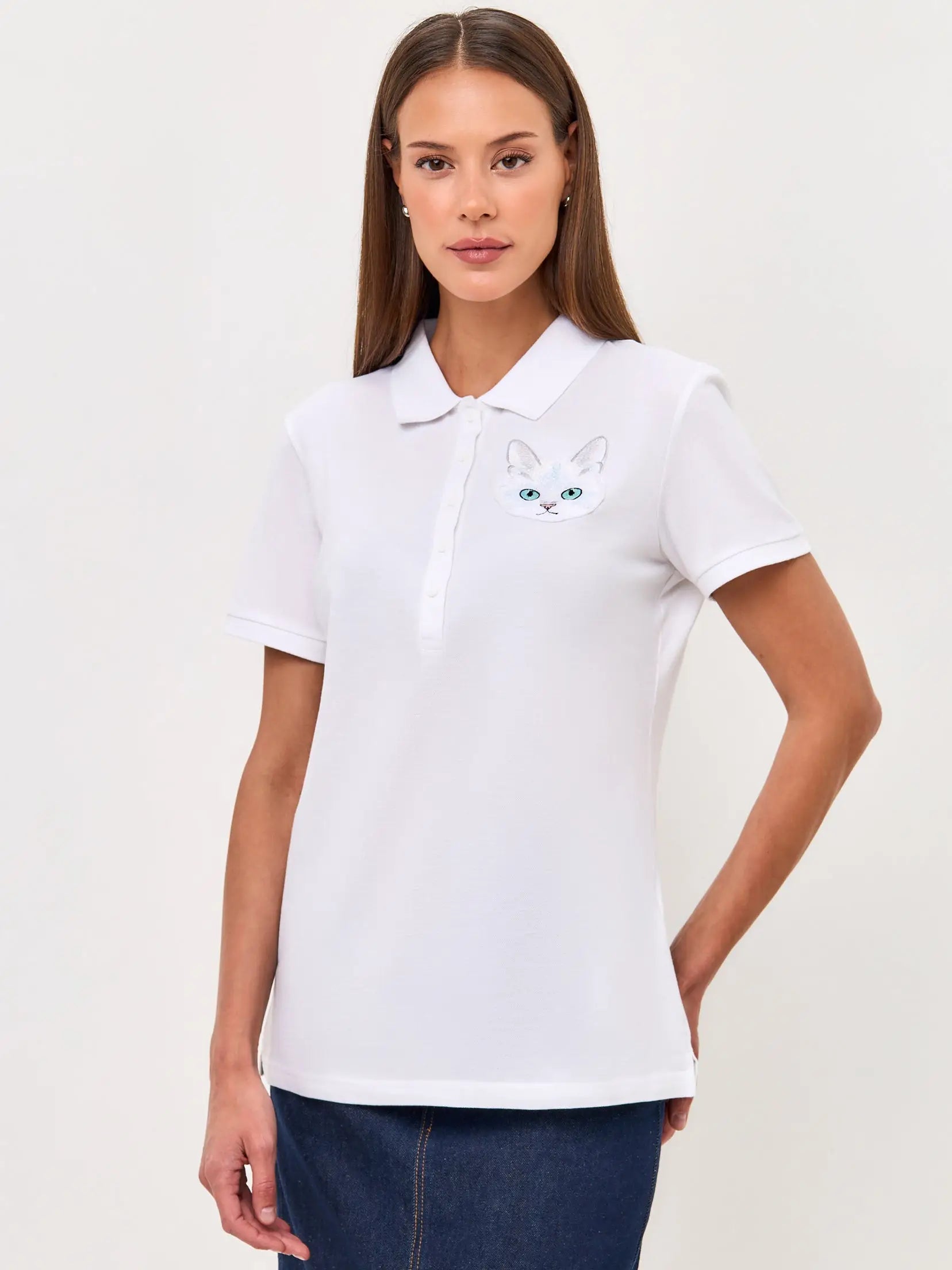 White Polo T-shirt Cat | Polo t-shirt & dress For Cat Lovers | Cat e