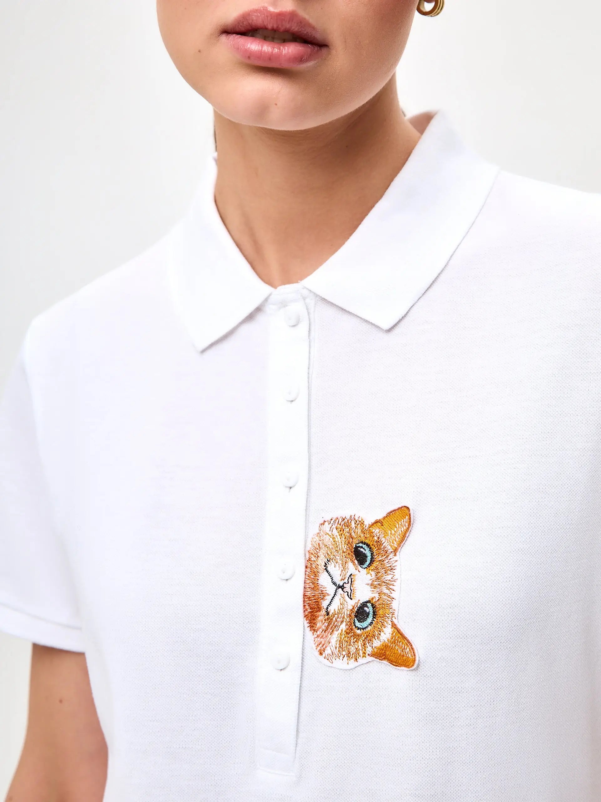 White Polo T-shirt Cat | Polo t-shirt & dress For Cat Lovers | Cat e