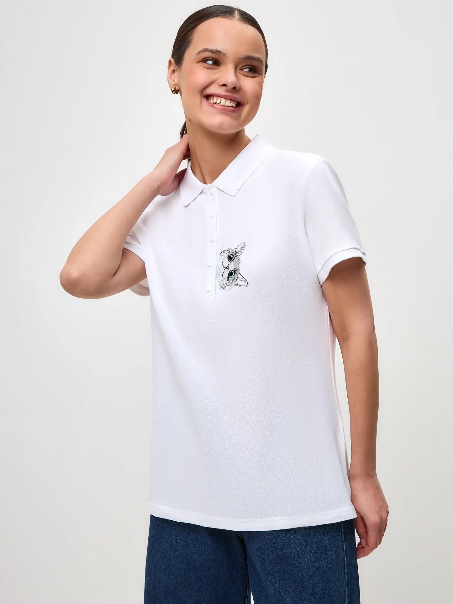 White Polo T-shirt Cat | Polo t-shirt & dress For Cat Lovers | Cat e