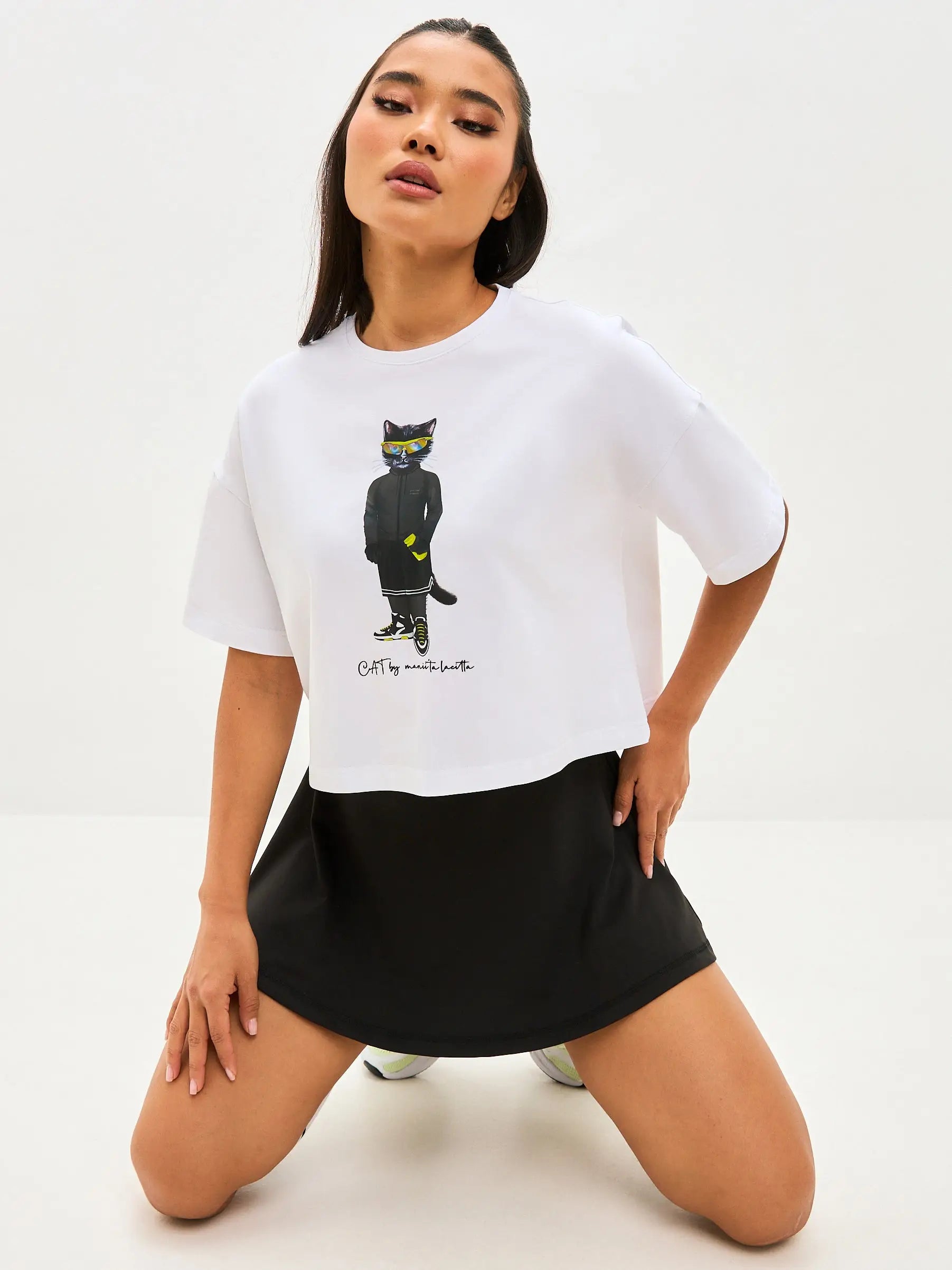 White Short Oversized T-shirt Sport Cat | T-shirt For Cat Lovers