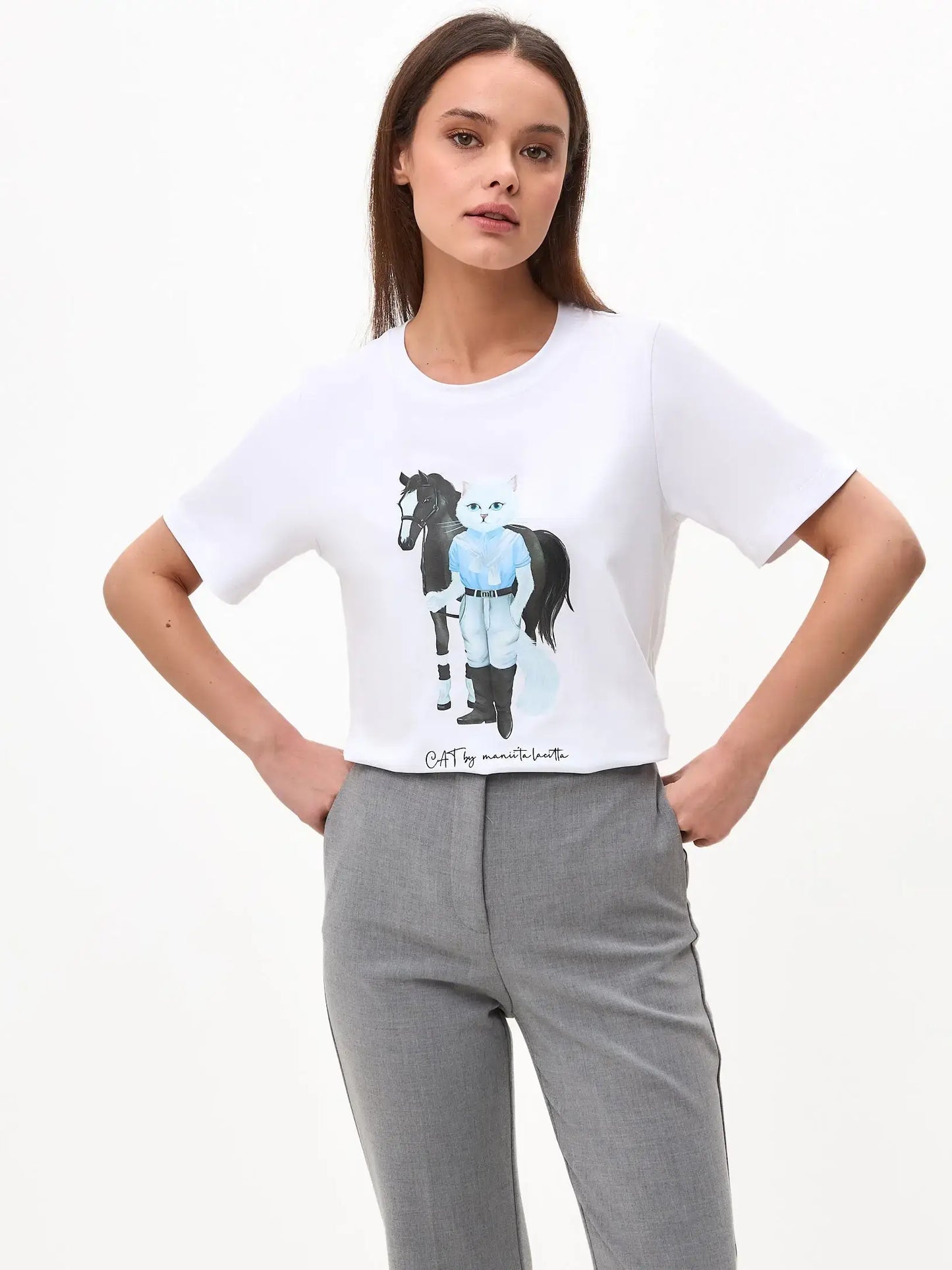 White T-shirt Rider Cat | T-shirt For Cat Lovers | Cat e Lolette