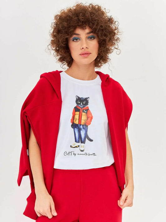 White T-shirt Sport Casual Cat | T-shirt For Cat Lovers | Cat e