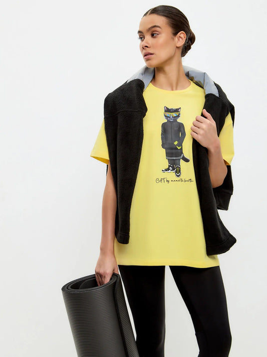 Yellow Oversized T-shirt Sport Cat | T-shirt For Cat Lovers | Cat e