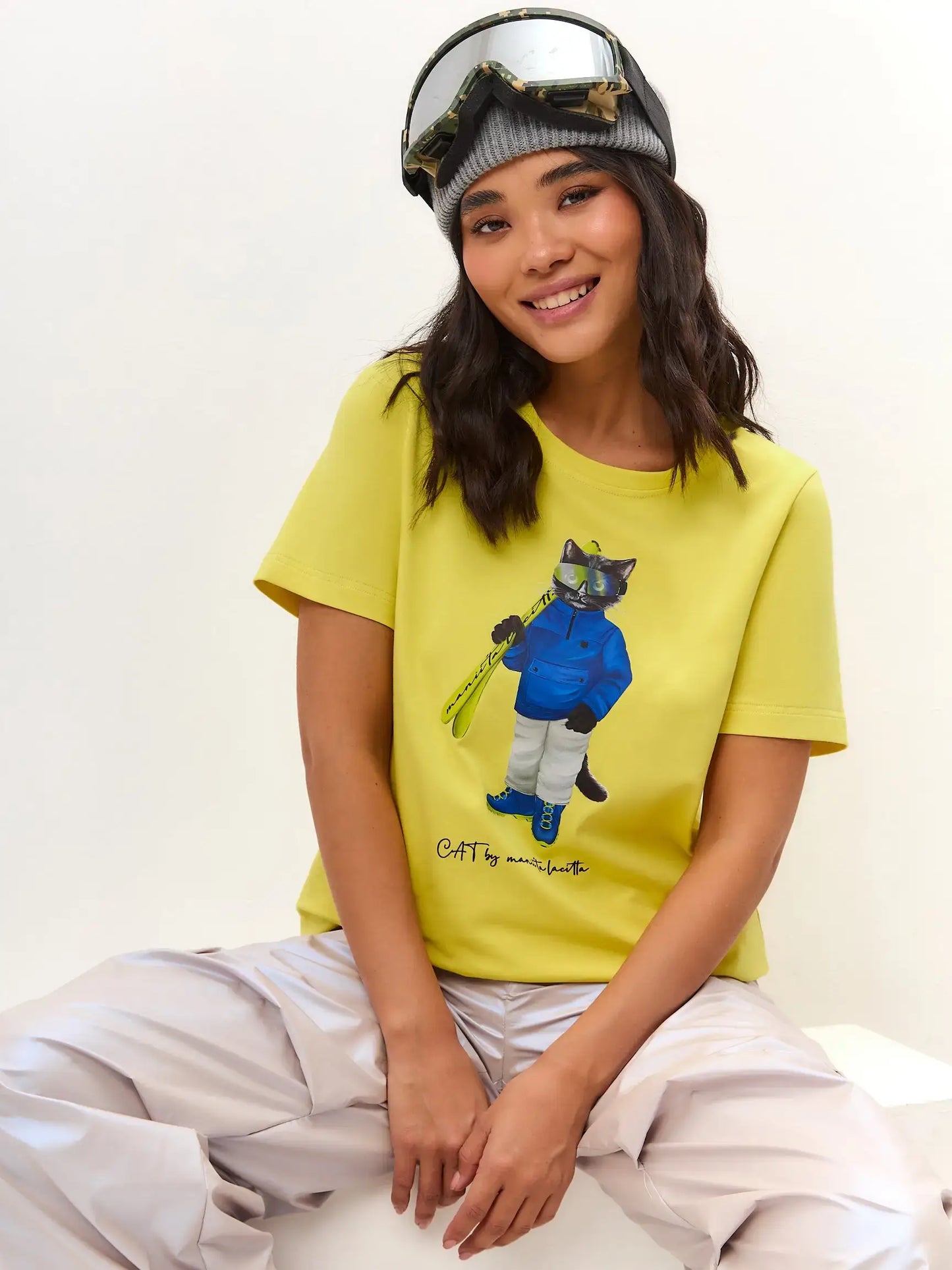 Yellow T-shirt Ski Cat | T-shirt For Cat Lovers | Cat e Lolette