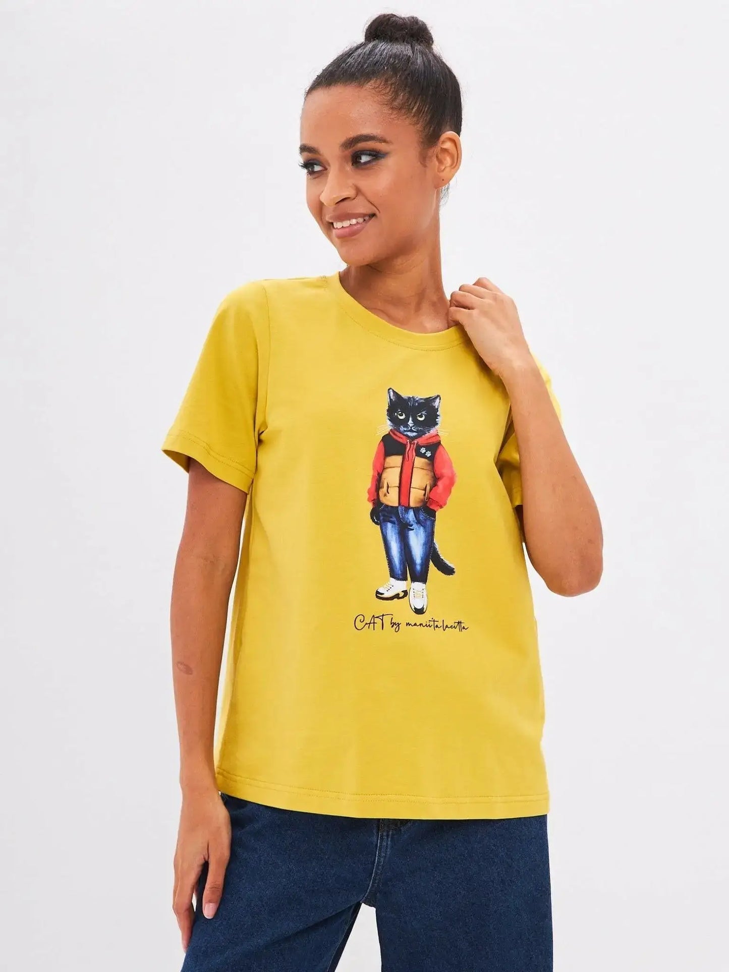 Yellow T-shirt Sport Casual Cat | T-shirt For Cat Lovers | Cat e
