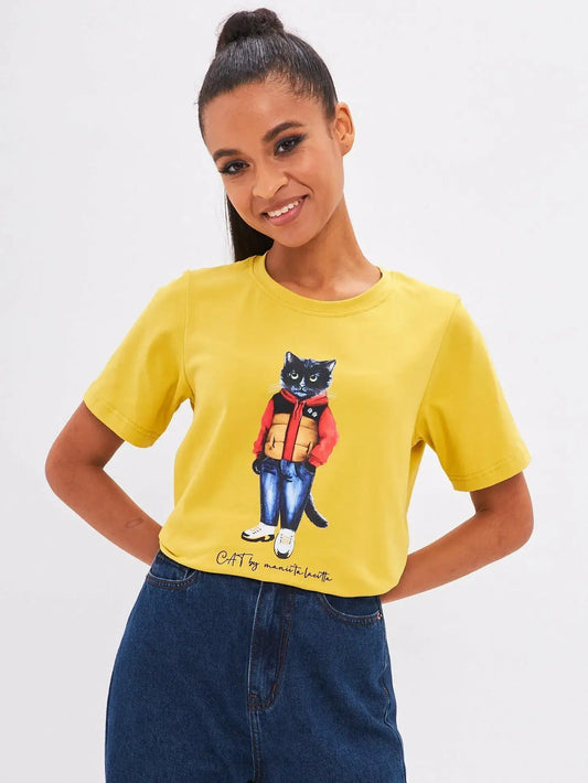 Yellow T-shirt Sport Casual Cat | T-shirt For Cat Lovers | Cat e