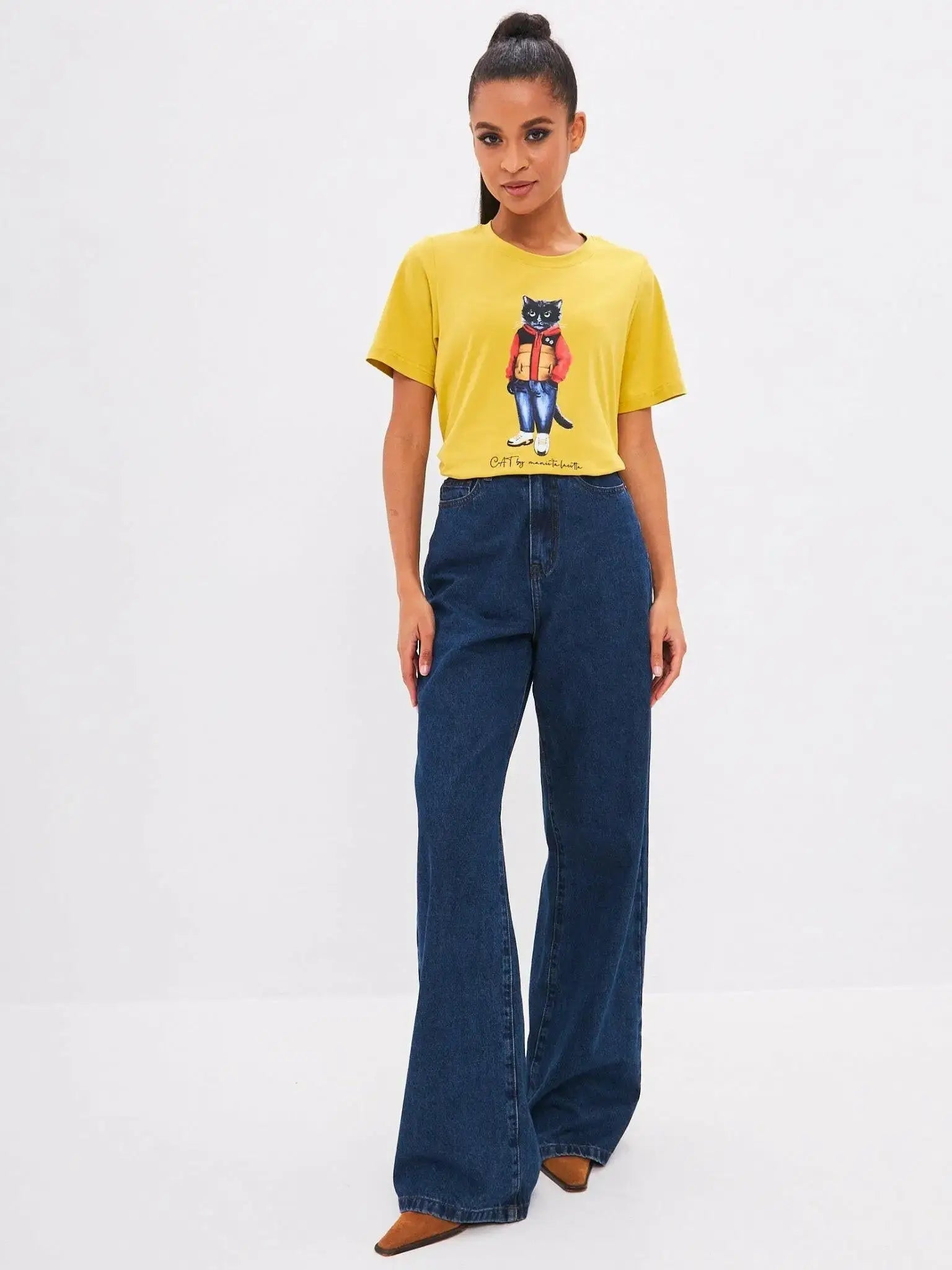 Yellow T-shirt Sport Casual Cat | T-shirt For Cat Lovers | Cat e