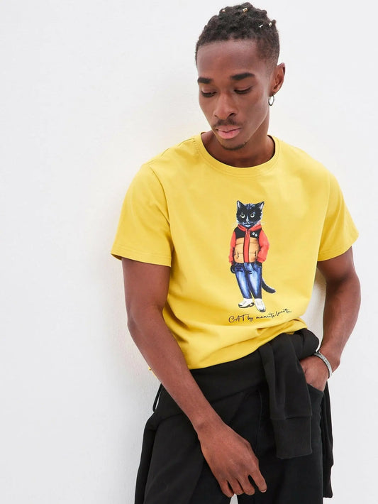 Yellow T-shirt Sport Casual Cat | T-shirt For Cat Lovers | Cat e